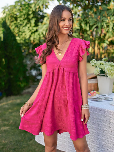 Hot Pink Textured | Flutter Sleeve Dress | Rubies + Lace