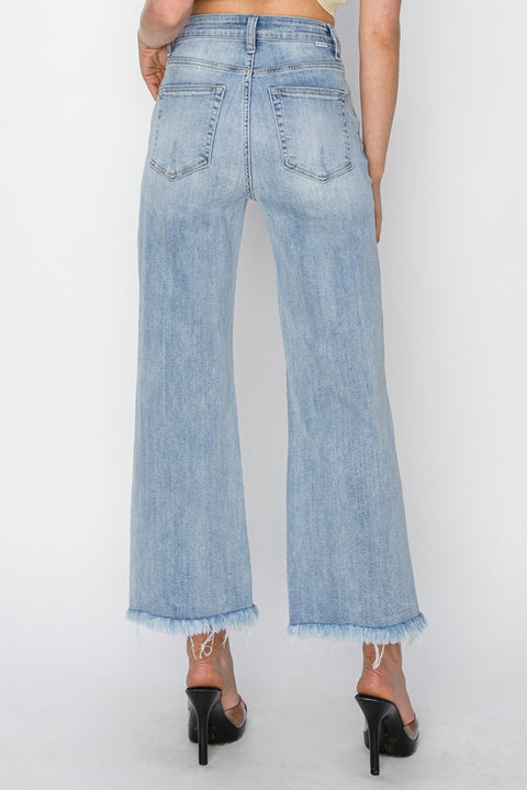 RISEN High Rise Crop | Wide Fray Hem Jeans | Rubies + Lace