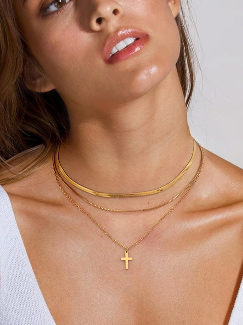 18K Gold-Plated | Three-Layered Cross Necklace | Rubies + Lace