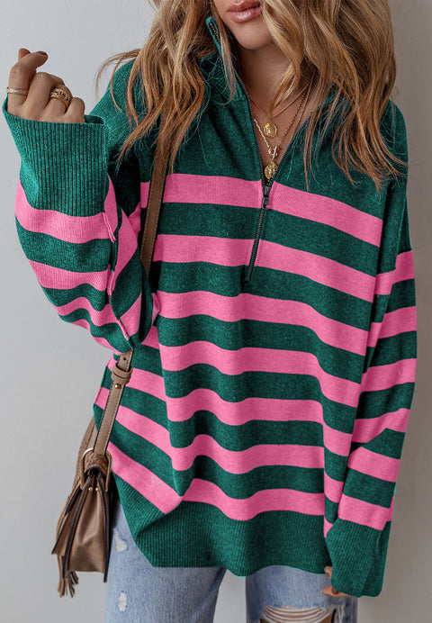 Green to Pink Stripe | Quarter Zip Sweater | Rubies + Lace