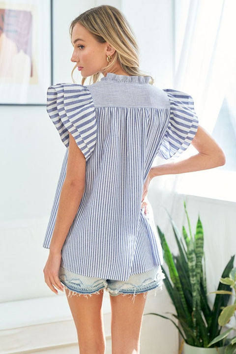 Navy Striped | Flutter Sleeve Blouse | Rubies + Lace