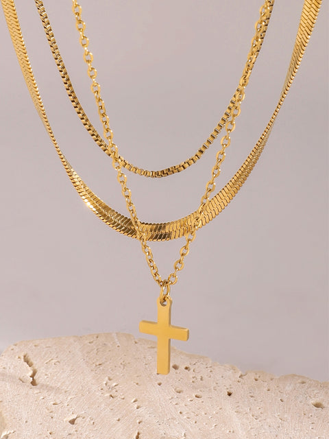 18K Gold-Plated | Three-Layered Cross Necklace | Rubies + Lace