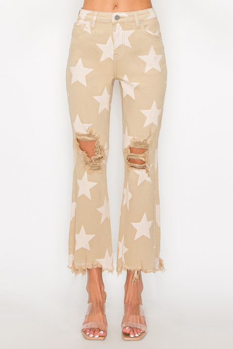 RISEN High Rise |Star Printed Frayed Jeans | Rubies + Lace