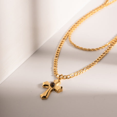 Double Layered Cross Necklace | 18K Gold-Plated  | Rubies + Lace