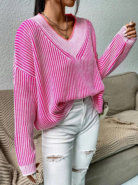 Striped V-Neck Sweater | Multiple Color Options | Rubies + Lace