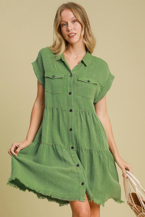 Umgee Full Size Frayed Hemline Button Down Shirt Dress Plus Size - Green / M Umgee Full Size Frayed Hemline Button Down Shirt Dress Plus Size - Green / M