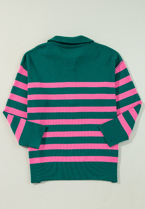 Green to Pink Stripe | Quarter Zip Sweater | Rubies + Lace