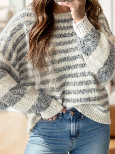 Striped Grey & White | Dropped Shoulder Sweater | Rubies + Lace