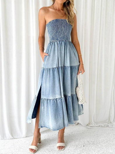 Strapless Tiered | Denim Dress With Pockets | Rubies + Lace