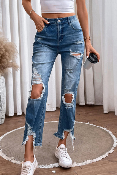 Ultra Distressed | Straight Legged Jeans | Rubies + Lace