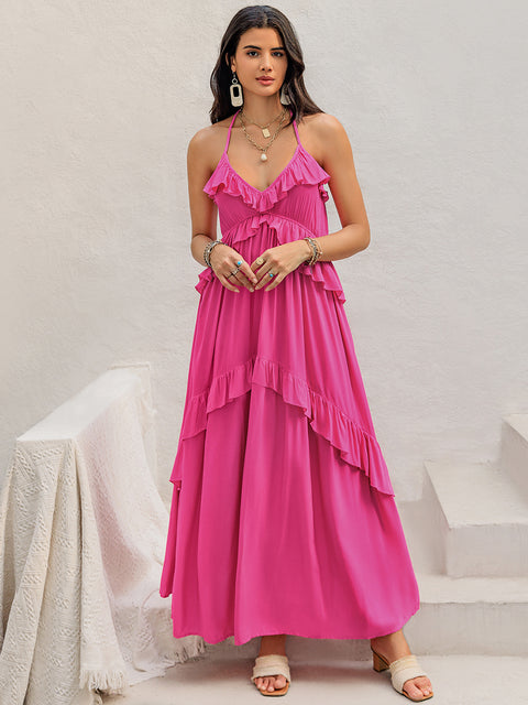 Hot Pink Halter Neck | Ruffled Maxi Dress | Rubies + Lace