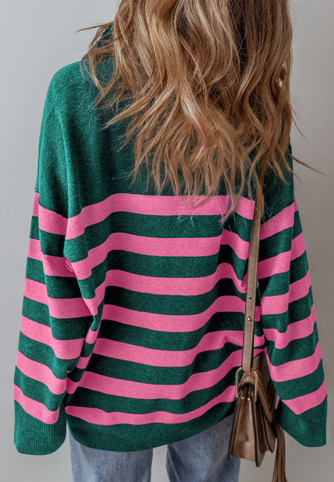 Green to Pink Stripe | Quarter Zip Sweater | Rubies + Lace