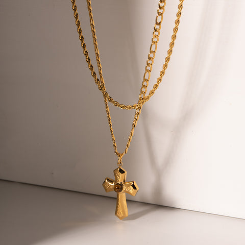 Double Layered Cross Necklace | 18K Gold-Plated  | Rubies + Lace