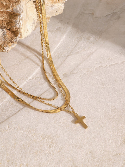 18K Gold-Plated | Three-Layered Cross Necklace | Rubies + Lace