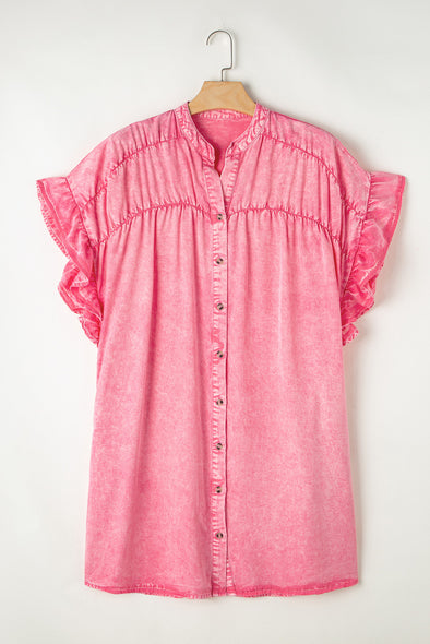 Ruffled Notched | Pink Denim Dress  | Rubies + Lace