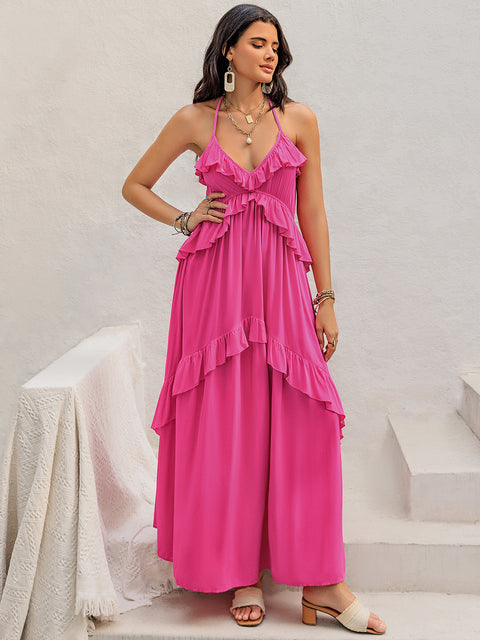 Hot Pink Halter Neck | Ruffled Maxi Dress | Rubies + Lace