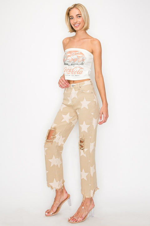 RISEN High Rise |Star Printed Frayed Jeans | Rubies + Lace