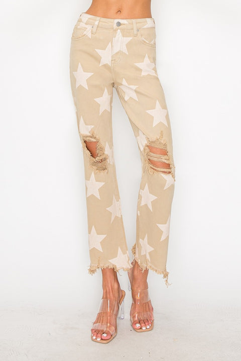 RISEN High Rise |Star Printed Frayed Jeans | Rubies + Lace