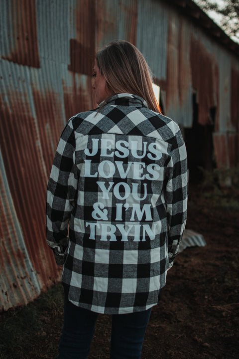 Jesus Loves You & I'm Tryin' | Flannel | Ruby's Rubbish©