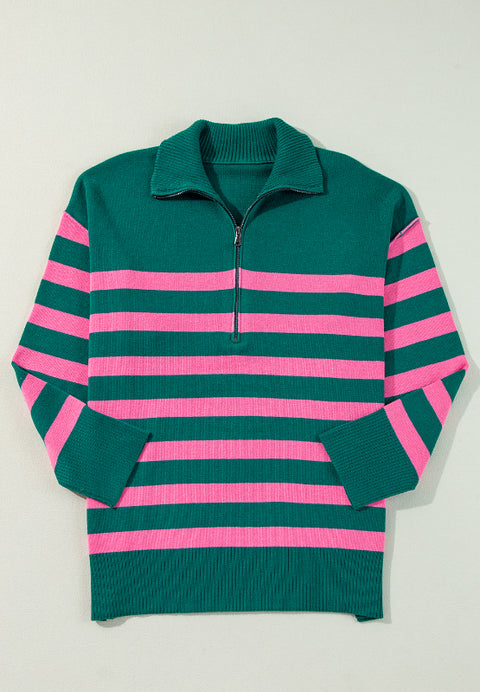 Green to Pink Stripe | Quarter Zip Sweater | Rubies + Lace