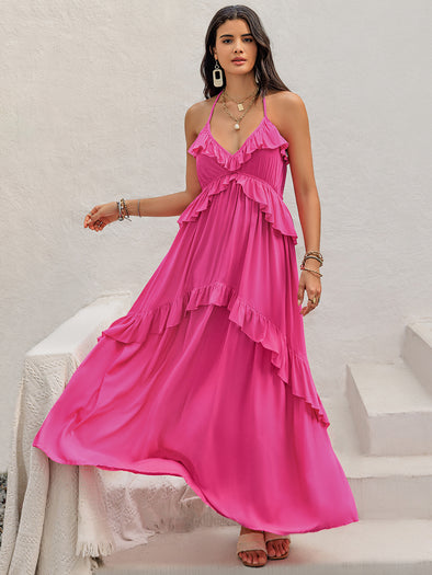 Hot Pink Halter Neck | Ruffled Maxi Dress | Rubies + Lace