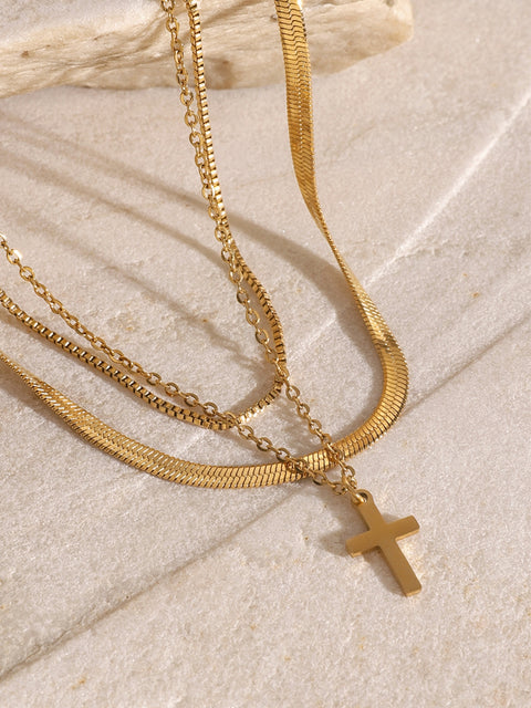 18K Gold-Plated | Three-Layered Cross Necklace | Rubies + Lace