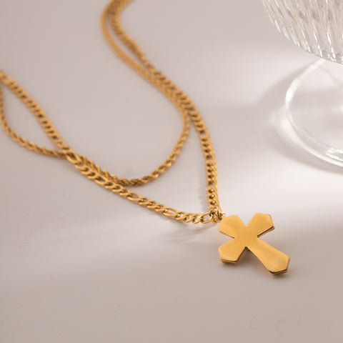 Double Layered Cross Necklace | 18K Gold-Plated  | Rubies + Lace