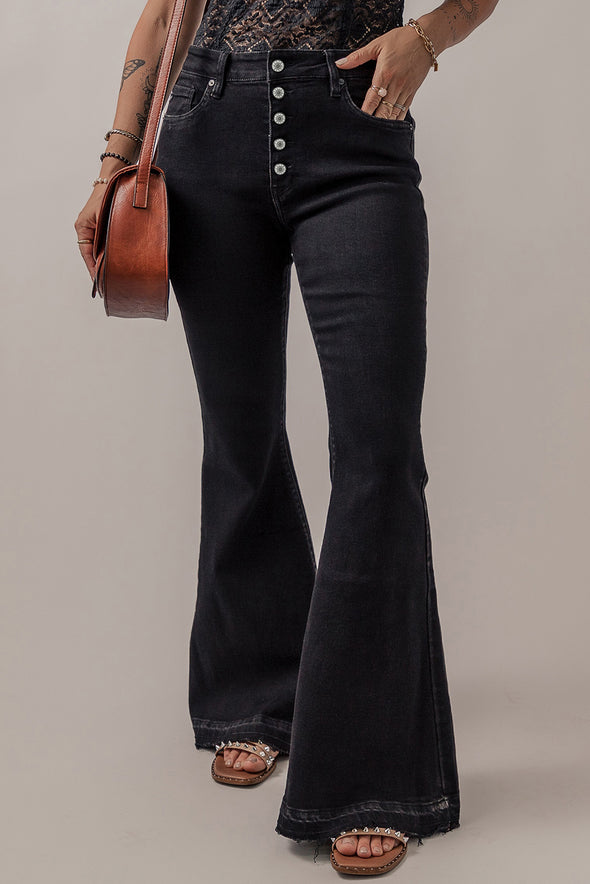 Button-Fly | Dark Flare Jeans | Rubies + Lace