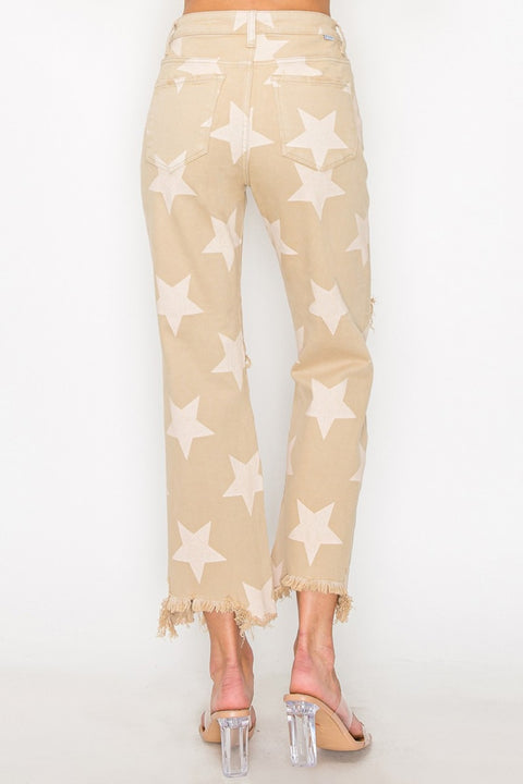 RISEN High Rise |Star Printed Frayed Jeans | Rubies + Lace