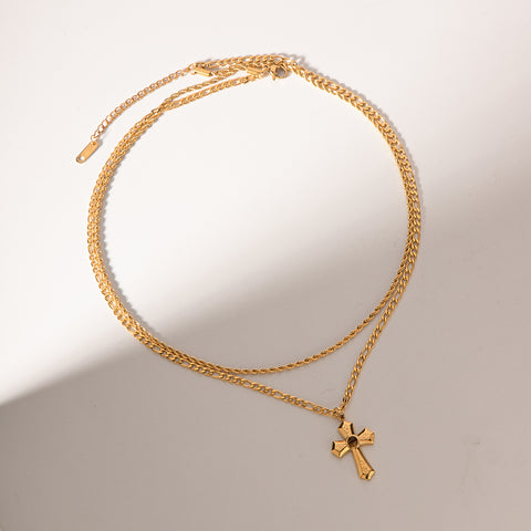 Double Layered Cross Necklace | 18K Gold-Plated  | Rubies + Lace