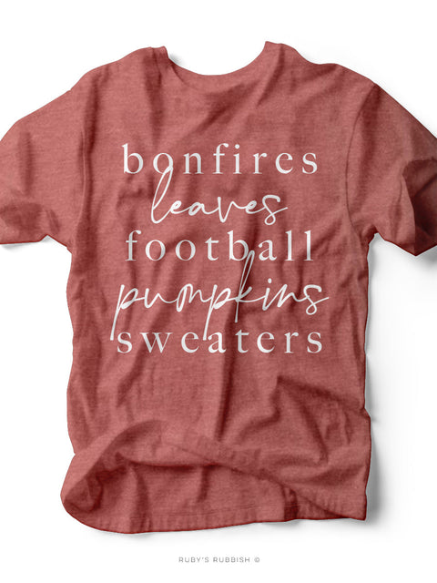 Bonfires, Leaves, Football, Pumpkins, Sweaters | Seasonal T-Shirt | Ruby’s Rubbish®