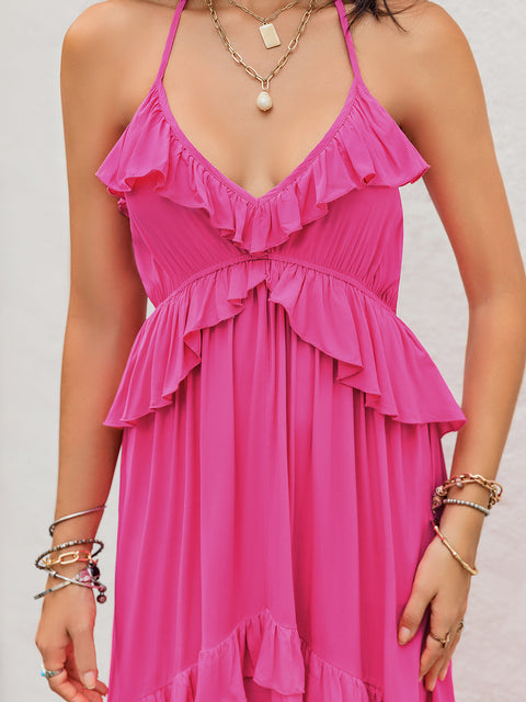 Hot Pink Halter Neck | Ruffled Maxi Dress | Rubies + Lace