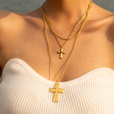 Double Layered Cross Necklace | 18K Gold-Plated  | Rubies + Lace