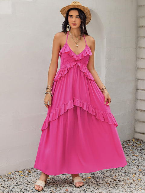 Hot Pink Halter Neck | Ruffled Maxi Dress | Rubies + Lace