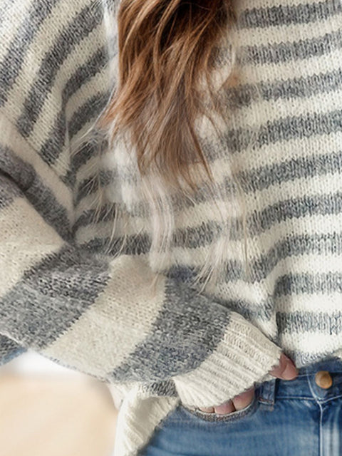 Striped Grey & White | Dropped Shoulder Sweater | Rubies + Lace