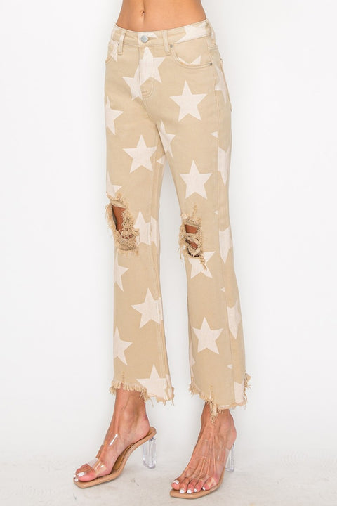 RISEN High Rise |Star Printed Frayed Jeans | Rubies + Lace