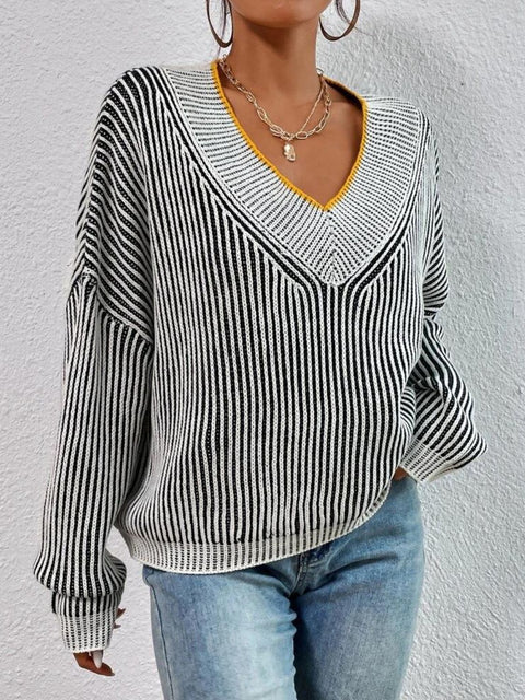 Striped V-Neck Sweater | Multiple Color Options | Rubies + Lace