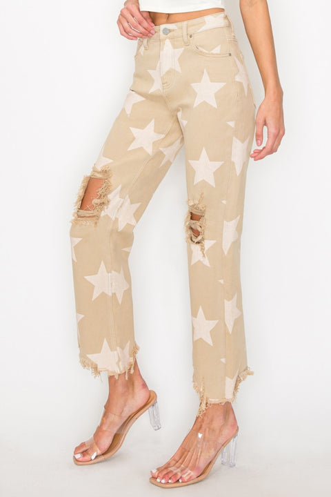 RISEN High Rise |Star Printed Frayed Jeans | Rubies + Lace