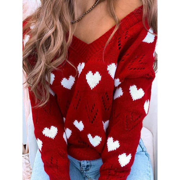Red V-Neck Valentine's Day | Heart Hollow Sweater | Rubies + Lace