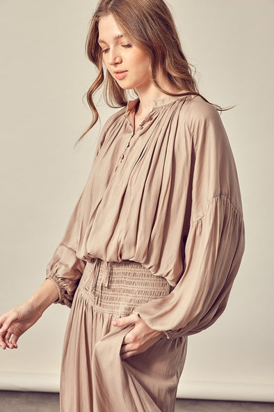 Beige Button |  Balloon Sleeve Blouse | Rubies & Lace