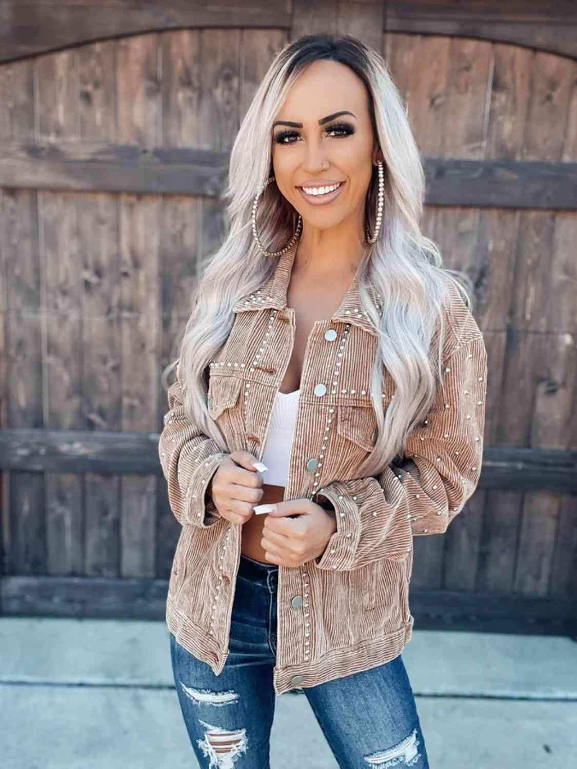 Button Down Studded Boyfriend store Jacket