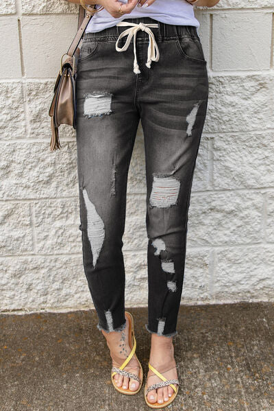 Drawstring Distressed Jeans | Multiple Color Options | Rubies + Lace