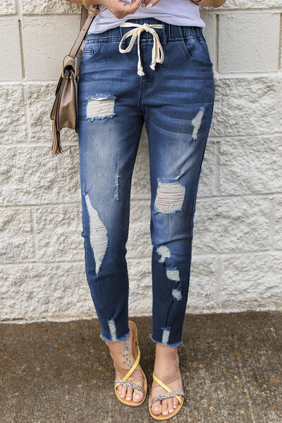 Drawstring Distressed Jeans | Multiple Color Options | Rubies + Lace