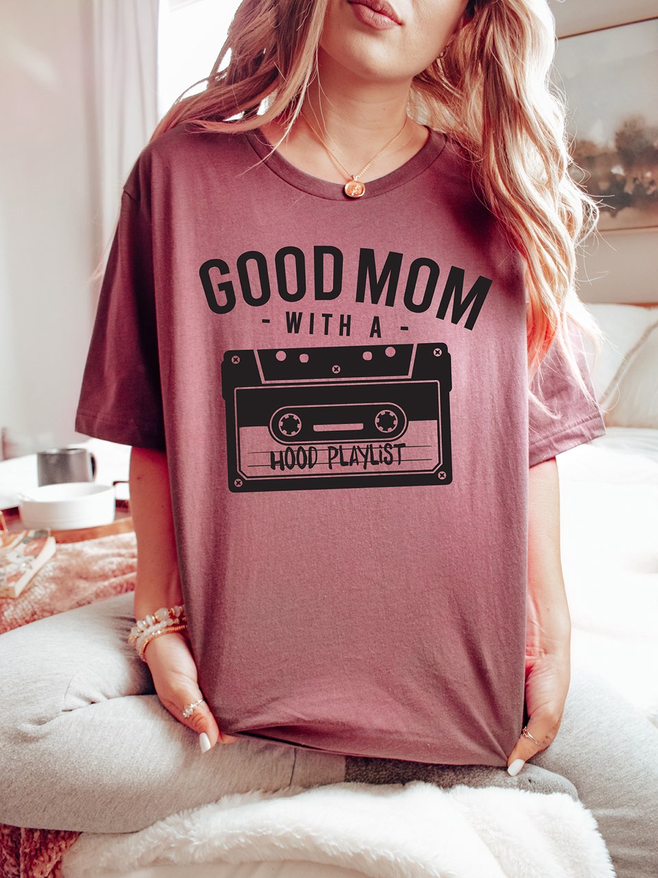 Good Mom with A Hood Playlist | Funny T-Shirt | Ruby’s Rubbish XXL - Heather Vintage Rose