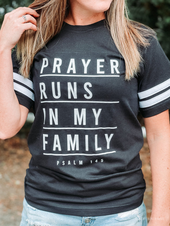 Prayer Runs in My Family | Christian Ringer Tee | Ruby’s Rubbish®