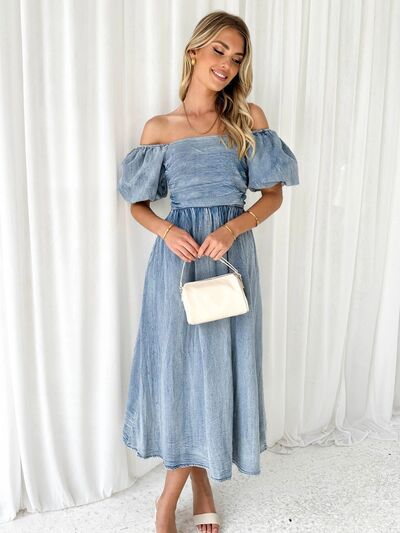 Off-Shoulder | Denim Dress | Rubies + Lace