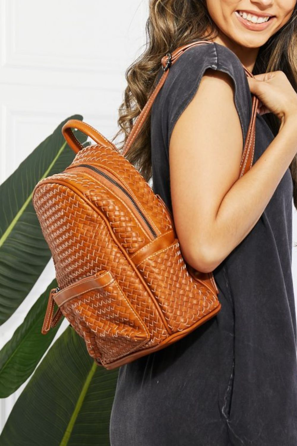 Brown Leather Woven Backpack