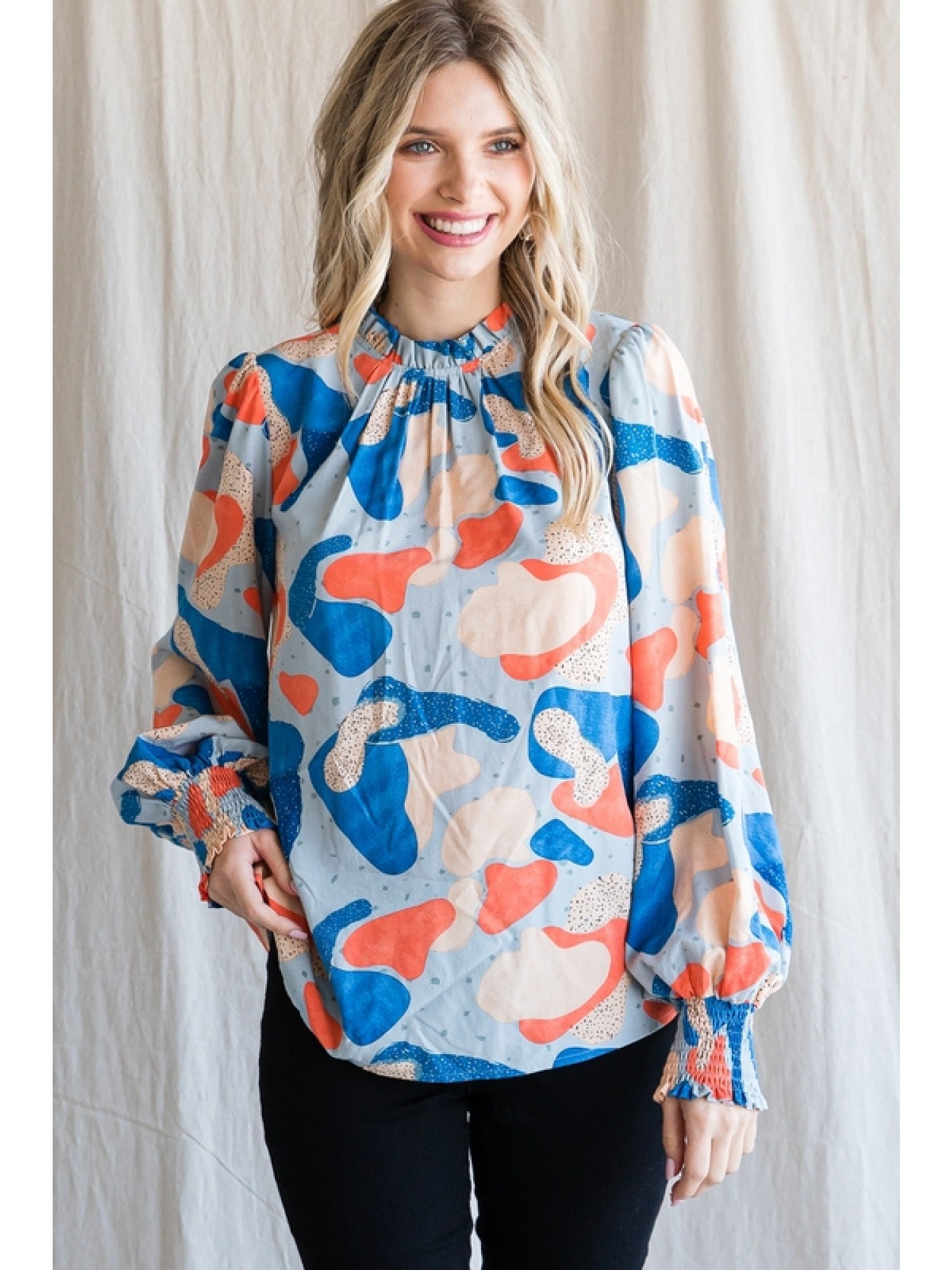 Rubies + Lace | Sky Blue & Clementine Print | Frill Neck Blouse -