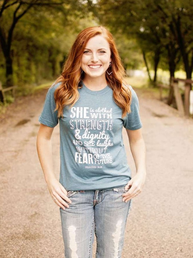 Ruby's Rubbish® | Women's T Shirt | She Is Clothed In Strength