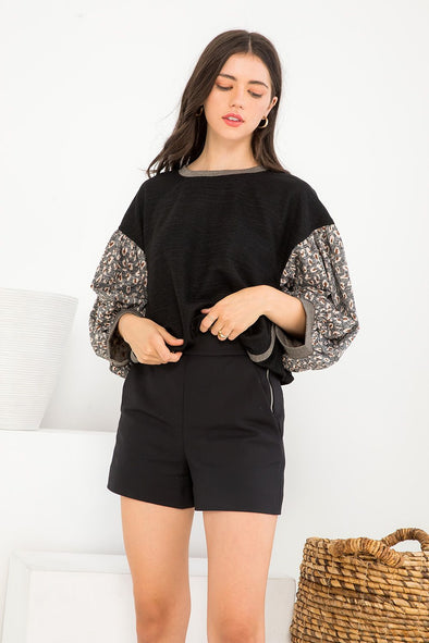 Black Knit |  Leopard Sleeve Top | Rubies & Lace